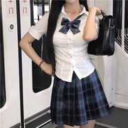 純欲辣妹jk制服正版原創(chuàng  )收腰學(xué)院風(fēng)格裙百褶裙修身套裝白色襯衫 套裝收腰白色短袖+42CM岡梨田裙+岡梨田領(lǐng)結 L 推薦105-120斤