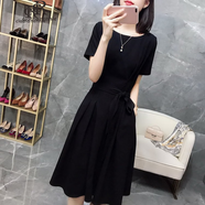 clotho Rennie品牌女裝韓版短袖連衣裙女2025夏新款氣質(zhì)通勤休閑時(shí)尚收腰顯瘦 黑色 M