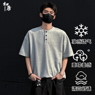 初唐短袖t恤男重磅亨利領(lǐng)華夫格5分袖男士寬松半截袖體恤衫 花灰  4XL