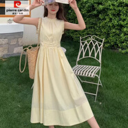 皮爾卡丹（pierre cardin）2025夏季新款韓版無(wú)袖木耳花邊連衣裙女收腰顯瘦氣質(zhì)感裙子潮 黃色 L 110-120