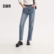 森馬（Semir）森柔牛仔|牛仔褲女簡約長褲休閑秋季半松緊腰直筒褲103524124002