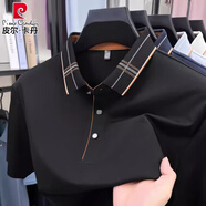 皮爾卡丹（pierre cardin）桑蠶絲夏季男士短袖t恤中年翻領(lǐng)爸爸冰.絲涼感透氣POLO體恤衫上衣 黑色 M 165 120斤以下