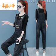初徑單/套裝 背帶褲女韓版寬松新款春秋減齡小個(gè)子牛仔連體褲套裝 白色T+黑色背帶褲 S 建議85-95斤左右