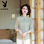 花花公子（PLAYBOY）中老年國風(fēng)真絲新中式大碼襯衫媽媽裝夏季薄款七分袖T恤上衣女裝 綠色 XL 【建議80-105斤】
