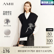 AMII七夕禮物秋極簡(jiǎn)優(yōu)雅玫瑰花提花中長(cháng)寬松連肩袖半袖V玲包芯紗毛衣 黑色 165/88A/L