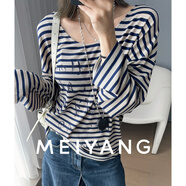 美洋（MEIYANG）涂鴉板條紋衫 天絲羊毛字母印花長(cháng)袖鎖骨衫t恤女 藍米條 M