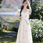 森系茶歇裙刺繡法式氣質初戀連衣2024夏季新款甜美泡泡袖少女裙子 丁香繡花杏 S  100斤左右