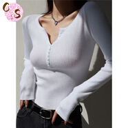CS.LION歐美風(fēng)V領(lǐng)打底衫女秋冬新款長(zhǎng)袖內(nèi)搭毛衣修身顯瘦針織上衣百搭潮 白色 S 建議70-80斤