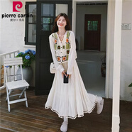 皮爾卡丹（pierrecardin）法式小眾不撞款馬甲裙子連衣裙套裝流蘇2025新款女春秋針織兩件套 米白色 L (建議110-120斤高品質(zhì))