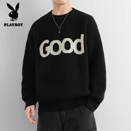 花花公子（PLAYBOY）秋冬季毛衣男士圓領(lǐng)2025新款加厚針織衫個性字母拼色套頭打底衫 黑色 M 100-130斤
