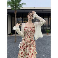 以純YISHION雪紡碎花吊帶連衣裙女夏季多巴胺度假風(fēng)法式復(fù)古甜美顯瘦仙女裙子 披肩 S