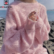 AEMAPE粉色馬海毛鏤空套頭毛衣女春季外穿寬松慵懶風甜美超仙薄款針織衫 粉色 L (165) 無