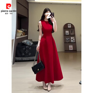 皮爾卡丹（pierre cardin）紅色連衣裙子女夏季法式氣質訂婚禮服敬酒服袖背心收腰顯瘦長裙 紅色【無袖長款】 XL 【121-135斤】