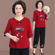 梵花秀秋季新款媽媽棉麻套裝中國(guó)風(fēng)中老年女裝兩件套民族風(fēng)繡花小衫洋氣 棗紅高品質(zhì)套裝 4XL 建議穿140-155斤