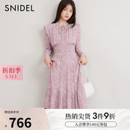 SNIDEL秋冬甜美淑女荷葉邊收腰百褶印花連衣裙SWFO244316 粉米色 S （0）