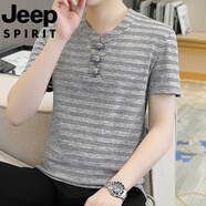 吉普（JEEP）短袖t恤男士冰絲條紋半袖夏天v領(lǐng)上衣男士休閑運(yùn)動(dòng)盤扣體恤衫 淺灰色 3XL 建議145-160斤