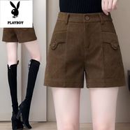 花花公子（PLAYBOY）燈芯絨小個子外搭毛呢短褲女春秋新款洋氣顯瘦配靴褲休閑外穿褲子 2266新款 【咖色-高品質】 2XL 建議125-135斤