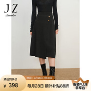 玖姿·安娜蔻法式復古松緊羊毛褶皺半身裙腰裙女冬款 素黑 L