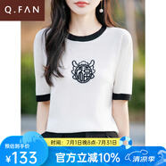 恰凡（QIAFAN）時(shí)髦減齡短袖拼色圓領(lǐng)福字針織t恤女款2025年新款休閑百搭上衣女 白色 XL  125-135