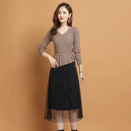 啄木鳥(niǎo)中長(cháng)款氣質(zhì)打底毛衣秋冬新款韓版高腰針織半高領(lǐng)拼接連衣裙連身裙 駝色【版】 M