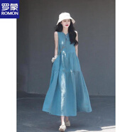 羅蒙（ROMON）品牌高檔女裝棉麻A字無袖背心連衣裙女夏季寬松顯瘦長裙 藍色 M 【建議90-110斤】