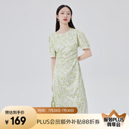 艾萊依（ERAL）商場同款連衣裙女夏季新款法式時尚顯瘦碎花清新印花泡泡袖連衣裙 綠底色花 L 165/88A