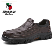 西域駱駝（VANCAMEL）男鞋頭層牛皮男士戶外休閑皮鞋軟面真皮工裝鞋中年爸爸鞋 9088棕色鏤空 38