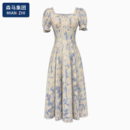 棉致女裝藍(lán)色油畫(huà)短袖碎花連衣裙女2025夏季新款氣質(zhì)高腰顯瘦中長(zhǎng)裙子 藍(lán)色碎花高級(jí)感連衣(甜美清新) S建議[80-95斤] 均碼