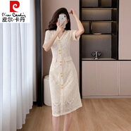皮爾卡丹（pierre cardin）法式名媛時(shí)尚氣質(zhì)減齡單排扣短袖蕾絲連衣裙設計感洋氣小禮服 杏色長(cháng)裙 M