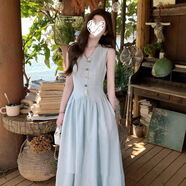 貞喜氣法式新款氣質(zhì)小香風(fēng)馬甲背心連衣裙女夏季收腰顯瘦長(cháng)裙子顯瘦百搭 淺藍色 含口袋 M