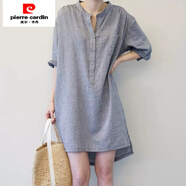 皮爾卡丹（pierre cardin）棉麻條紋襯衫連衣裙中長(cháng)薄款亞麻文藝衫短袖polo裙衛衣運動(dòng)T恤裙 灰色 M
