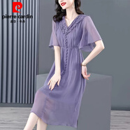 皮爾卡丹仿含真.絲連衣裙女2025新款夏季V領(lǐng)氣質(zhì)設計感雪紡小眾顯瘦抽褶裙 煙熏紫 2XL 120*-130斤