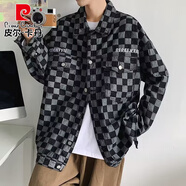皮爾卡丹（pierre cardin）美式棋盤(pán)格牛仔外套男歐美街頭寬松大碼工裝夾克春秋痞帥上衣新品 黑色【8101】XK M