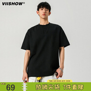 viishow日系華夫格亨利領(lǐng)短袖男夏季新款oversize休閑半袖PoloT恤 黑色 XL