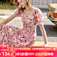 Olrain【七夕】歐芮兒夏季碎花雪紡連衣裙蕾絲拼接復(fù)古提花高腰收腰裙子 粉色印花 M 160/84A