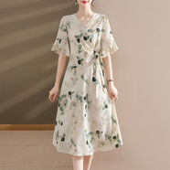 冰洋紅洋氣質(zhì)中老年女裝秋裝連衣裙印花薄款中年媽媽裝夏季收腰中長(cháng)裙子 淺綠色 XL 建議120-135斤