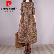 皮爾卡丹復古夾棉小碎花棉麻連衣裙大碼女裝時(shí)尚保暖長(cháng)款polo襯衫a字裙子 咖啡色 XL 【125-140斤】