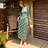 子耳裹裙一片式連衣裙夏季茶歇法式海邊度假沙灘綠色格子裹胸裙女感收 綠色格子 S 80至90斤左右