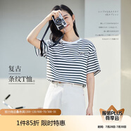 茵曼百搭通勤女裝條紋圓領(lǐng)短袖t恤春夏季休閑寬松顯瘦上衣 藍(lán)白條 S