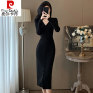皮爾卡丹（pierre cardin）輕熟風(fēng)修身長(cháng)袖針織連衣裙女秋冬V領(lǐng)氣質(zhì)長(cháng)裙單排扣收腰包臀裙子 黑色 M