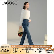lagogo復(fù)古設(shè)計感喇叭褲女拉谷谷春季新款高腰顯瘦百搭牛仔褲 靛藍色(N0) L