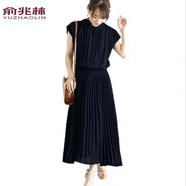 俞兆林日系舒適氣質(zhì)女裝2025夏季新款連衣裙收腰短袖高腰顯瘦無(wú)袖雪紡裙 黑色 S