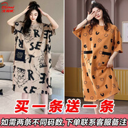 北極絨睡裙女士夏季短袖甜美可愛(ài)中長(cháng)款連衣裙夏天學(xué)生寬松大碼胖mm睡衣 035小黑熊+031口袋 M 【80-100斤】