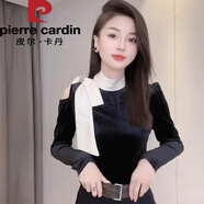 皮爾卡丹法式時(shí)髦拼色立領(lǐng)系帶設計感上衣2025新款露肩洋氣百搭絲絨T恤女 黑色 S