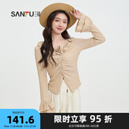 三福長(zhǎng)T恤2025春季玫瑰花V領(lǐng)喇叭袖優(yōu)雅上衣女裝498141 卡其色 S