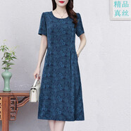 白領(lǐng)哥弟新真絲桑蠶絲連衣裙杭州高端品牌中老年媽媽遮肚巨顯瘦香云紗裙子夏 藍色 M