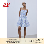 H&M女裝連衣裙夏季露肩喇叭裙擺碎花印花吊帶裙短裙連身裙1231427 白色/藍(lán)色花卉 XL 170/116
