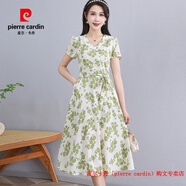 皮爾卡丹（pierre cardin）2025新款夏季冰絲連衣裙女收腰顯瘦大碼碎花媽媽中長(zhǎng)裙時(shí)尚印花裙 白底綠花 單層雙口袋 XL 80-100斤