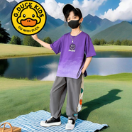 G.DUCKKIDS品牌童裝男童夏裝短袖套裝夏季衣服長褲兩件套男孩休閑中大童t恤 三色笑臉套裝 紫色 150