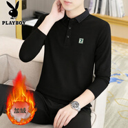 花花公子（PLAYBOY）2025新款襯衫領(lǐng)t恤男長(zhǎng)袖polo.衫翻領(lǐng)體恤潮流有領(lǐng)棉秋衣打底衫 213黑色 加絨 M 90-105斤穿